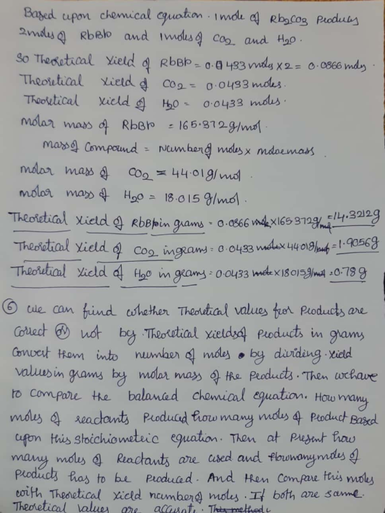 Baged upon chemical eguatkon 1 mdlu a Rbgcog Puodubs 2mdsaRbeo and Imdus Cos and Hoo so Thesetical Yield Theoretical Lietd d