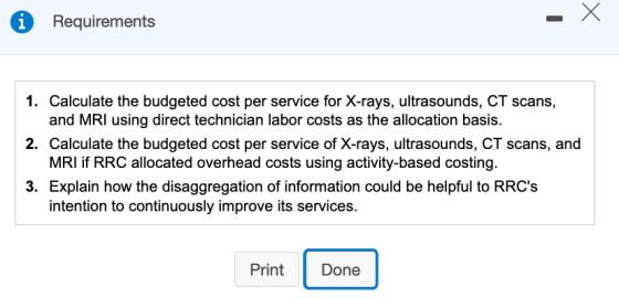 Requirements 1. Calculate the budgeted cost per service for X-rays, ultrasounds, CT scans, and MRI using direct technician la