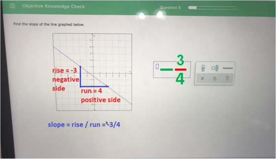 Objective knowledge Check Question 5 Find the slope of the line graphed below. x 5 ? rise = -3 negative side run = 4 positive