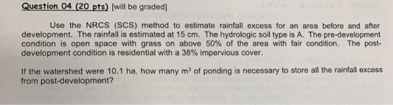 Question 04 (20 pts) [will be graded] Use the NRCS (SCS) method to estimate rainfall excess for an area before and after deve