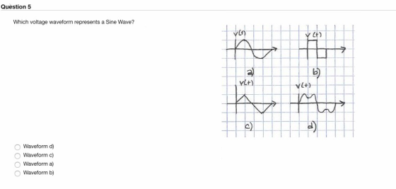 Question 5 Which voltage waveform represents a Sine Wave? (n O Waveform d) Waveform c) O Waveform a) O Waveform b)