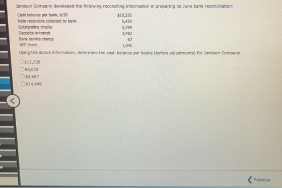 Jamison Company developed the following reconciling information in preparing its June bank reconciliation: Cash balance per b