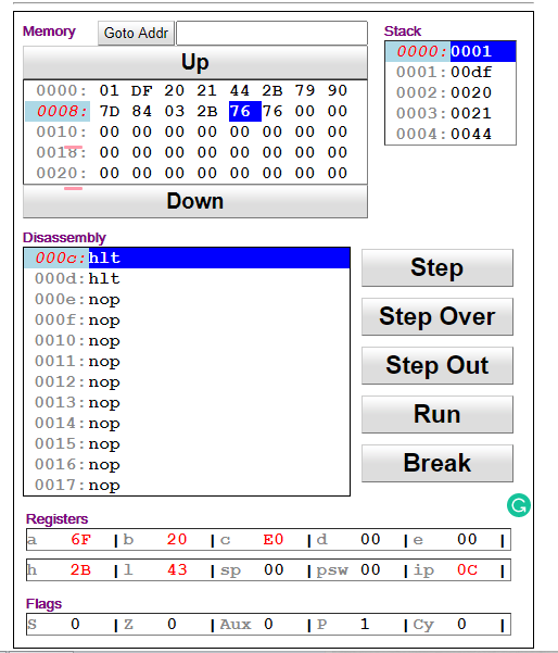 Memory Goto Addr Up 0000: 01 DF 20 21 44 2B 79 90 0008: 7D 84 03 2B 76 76 00 00 0010: 00 00 00 00 00 00 00 00 0018: 00 00 00