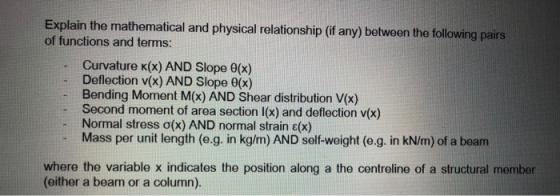 Explain the mathematical and physical relationship (if any) between the following pairs of functions and terms: Curvature K(x
