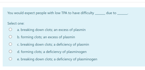 You would expect people with low TPA to have difficulty due to Select one: a. breaking down clots; an excess of plasmin b. fo