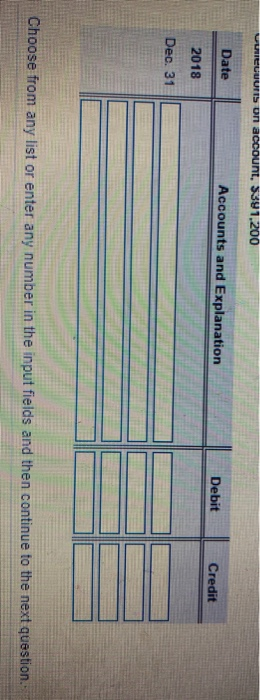 euumis on account, $391,200 Date Accounts and Explanation Debit Credit 2018 Dec. 31 Choose from any list or enter any number