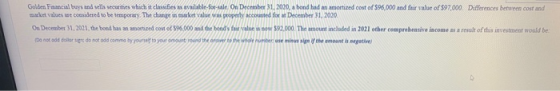 Golden Financial buys and sells securities which it classifies as available-for-sale. On December 31, 2020, a bond had an amo