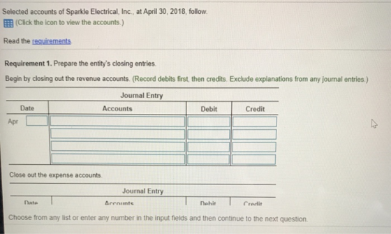 Selected accounts of Sparkle Electrical, Inc., at April 30, 2018, follow. B (Click the icon to view the accounts.) Read the r