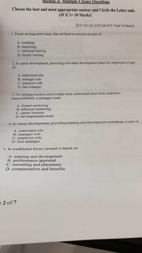 Section A-Multiple Choice Questions Choose the best and most appropriate answer and Circle the Letter only. (10 X 1-10 Marks)