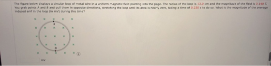 The figure below displays a circular loop of metal wire in a uniform magnetic field pointing into the page. The radius of the
