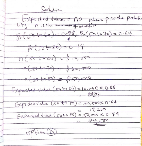 Solution Expected value probabi- tity nount of benefits P.650 to 6o)=0.88, P.650 to 70) = 0.64 -AD n is the amo Ap where is t