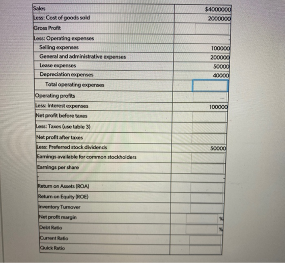 $4000000 2000000 100000 200000 50000 40000 Sales Less: Cost of goods sold Gross Profit Less: Operating expenses Selling expen