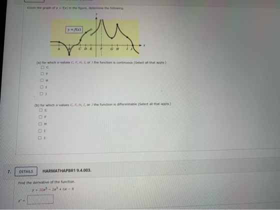 Given the graph of yx) in the figure, determine the following y-f(x) C D E F GN 1 (a) for which x-values C, F, H, I, or the f