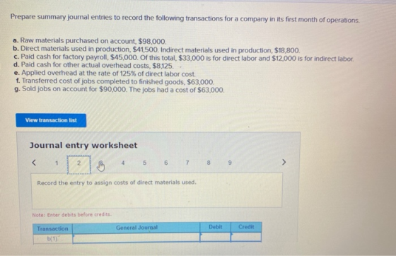Prepare summary journal entries to record the following transactions for a company in its first month of operations. a. Raw m