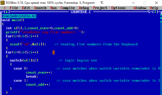 DOS | EOS 1 DOSBox 0.74, Cpu speed: max 100% cycles, Frameskip 0, Program: TC File Edit Search Run Compile Debug Project Opti