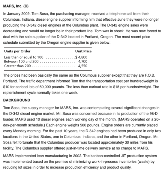 MARS, Inc. (D) In January 2009, Tom Sosa, the purchasing manager, received a telephone call from their Columbus, Indiana, die