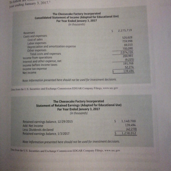 To follow all year ending January 3, 2017 The Cheesecake Factory Incorporated Consolidated Statement of Income (Adapted for E