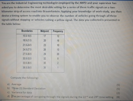 You are the Industrial Engineering technologist employed by the JMPD and your supervisor has asked you to determine the most