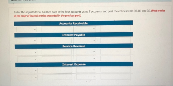 Enter the adjusted trial balance data in the four accounts using Taccounts, and post the entries from (a), (b) and (d). (Post