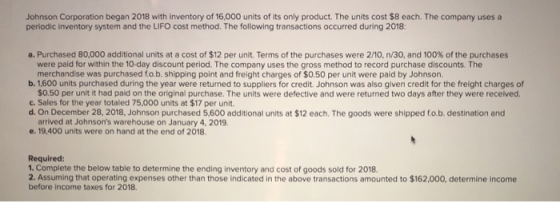 Johnson Corporation began 2018 with inventory of 16,000 units of its only product. The units cost $8 each. The company uses a