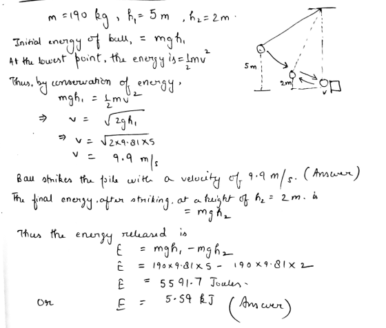 M=190 kg , h = 5 m , hz=2m Initial energy of bull, = mgh, At the lowest point, the energy is = Lmu Thus, by conservation of e