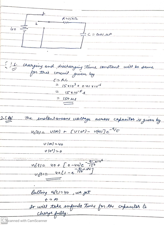 Raiskr. AAA 0ool up Charging and discharging time constant will be same for this concuit given by EZRC = 15x10²xo.orxco = 15x