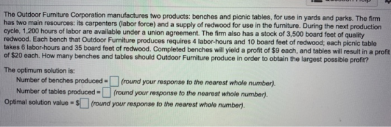 The Outdoor Furniture Corporation manufactures two products: benches and picnic tables, for use in yards and parks. The firm