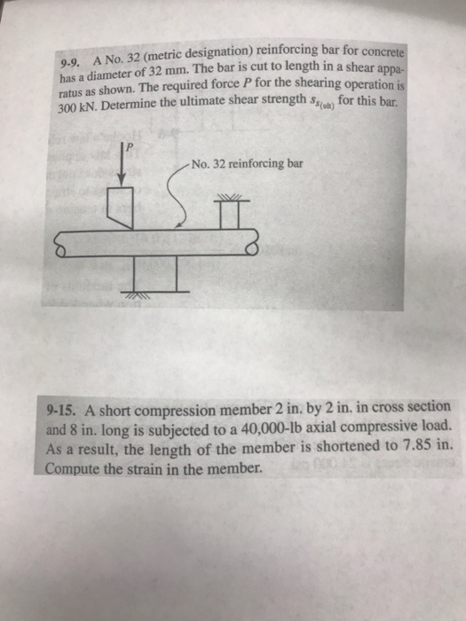 9.9. A No. 32 (metric designation) reinforcing bar for concrete has a diameter of 32 mm. The bar is cut to length in a shear a ratus as shown. The required force P for the shearing operation 300 kN. Determine the ultimate shear strength s vay for this bar ppa- No. 32 reinforcing bar 9.15. A short compression member 2 in. by 2 in. in cross section and 8 in. long is subjected to a 40,000-lb axial compressive load. As a result, the length of the member is shortened to 7.85 in. Compute the strain in the member