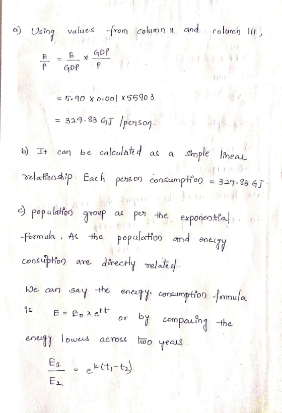 a) L2cing values -fron) calumり11 and column 11, P GDP P =成90 X 0,001 x 56103 329.83 GJ ) T, can e caleulate d a a Sple a c) P