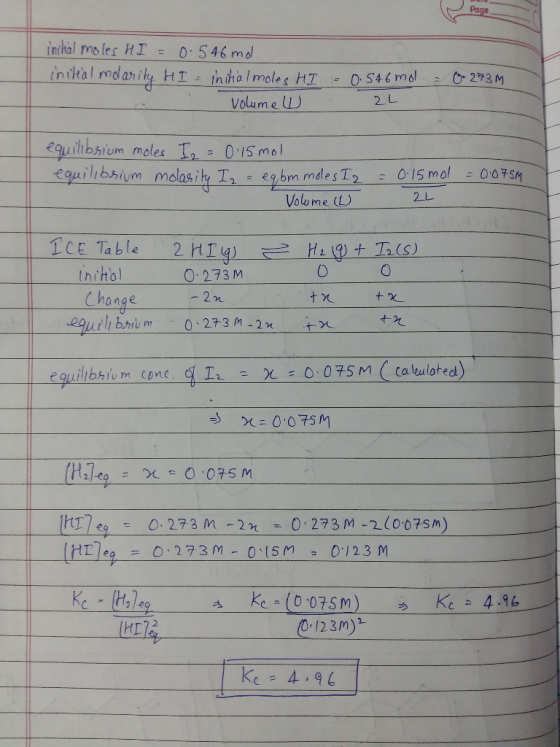 Page inital mo les HT46 m Volume U 2 L equilibsium moles 015 mol 2L Voume ICE Table 2HTy) 는 Haig)ナ 五(S) 0 nito Change 0 273 M