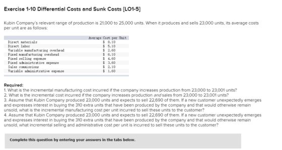 Exercise 1-10 Differential Costs and Sunk Costs [LO1-5] Kubin Companys relevant range of production is 21,000 to 25,000 unit