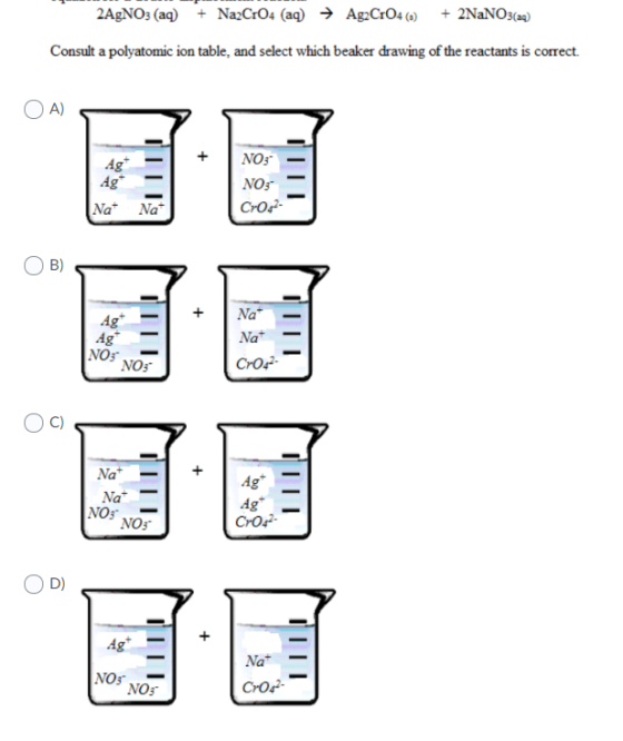 2AgNO3 (aq) + Na2C+04 (aq) → Ag2C+04 (0) + 2NaNO3(a) Consult a polyatomic ion table, and select which beaker drawing of the r