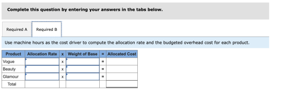 Complete this question by entering your answers in the tabs below. Required A Required B Use machine hours as the cost driver