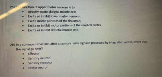 25) he iunction of upper motor neurons is to . Directly excite skeletal muscle cells .Excite or inhibit lower motor neurons Excite motor portions of the thalamus Excite or inhibit motor portions of the cerebral cortex Excite or inhibit skeletal muscle cells . . 26) In a common reflex arc, after a sensory nerve signal is processed by integration center, where does the signal go next? . Effector . Sensory neuron Sensory receptor Motor neuron