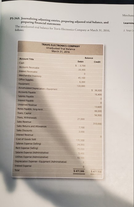 Merchand P5-34A Journalizing adjusting entries, preparing adjusted trial balance, and preparing financial statements The unad