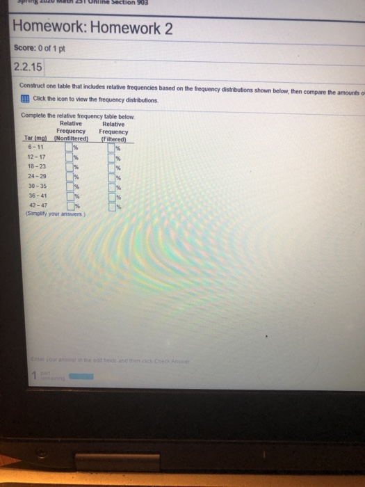line Section 903 Homework: Homework 2 Score: 0 of 1 pt 2.2.15 Construct one table that includes relative frequencies based on