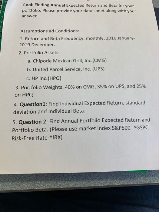 Goal: Finding Annual Expected Return and Beta for your portfolio. Please provide your data sheet along with your answer. Assu