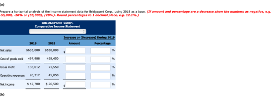 Prepare a horizontal analysis of the income statement data for Bridgeport Corp., using 2018 as a base. (If amount and percent