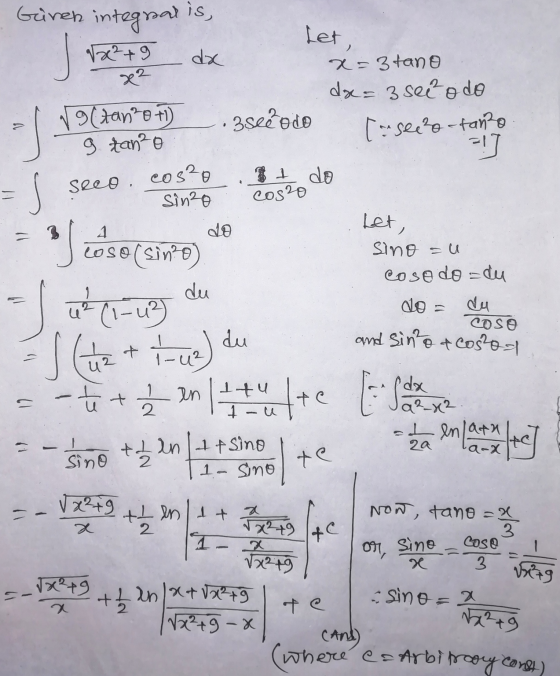 Giren integral ais, We²+9 Let, da x² x= 3tano da= 3 see o do 3scéndo . (tanto 1 g tan²o seco cos?o Sinzo [rseess-fano =! 1 do
