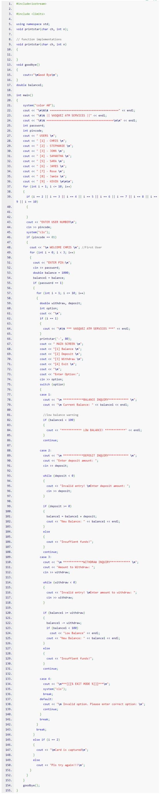 1. #include<iostream> 2. 3. #include <limits 4. 5. using namespace std; 6. void printstar(char ch, int n); 7. 8. // function