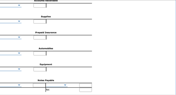 Accounts Receivable Supplies Prepaid Insurance Automobiles Equipment Notes Payable Bal.