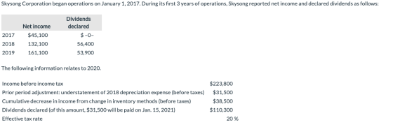Skysong Corporation began operations on January 1, 2017. During its first 3 years of operations, Skysong reported net income