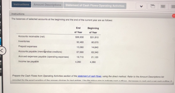 Instructions Amount Descriptions Statement of Cash Flows-Operating Activities Instructions The balances of selected accounts