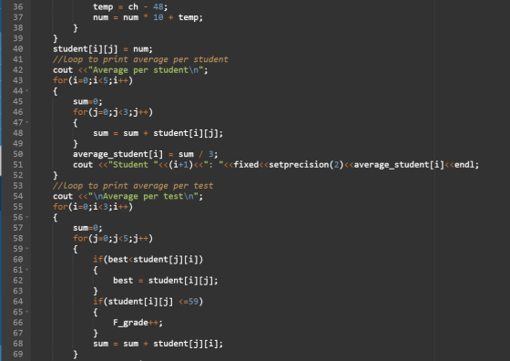 temp = ch - 48; num = num * 10 + temp; 42 student[i][j] = num; // Loop to print average per student cout << Average per stud
