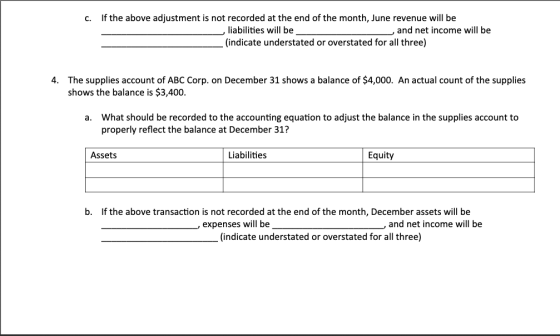 C. If the above adjustment is not recorded at the end of the month, June revenue will be liabilities will be and net income w