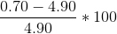 \frac{0.70 - 4.90}{4.90} * 100
