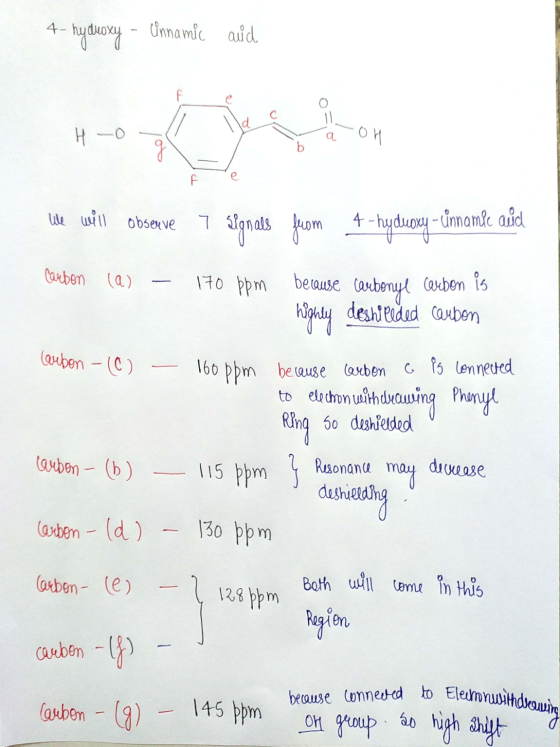 4- hydroxy - Cinnamic aud a on f live will observe 7 signals from 4-hydroxy - cinnamle aid Carbon (@) - 170 ppm because carbo