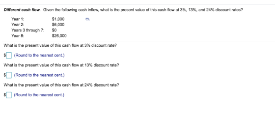 Different cash flow. Given the following cash inflow, what is the present value of this cash flow at 3%, 13%, and 24% discount rates? Year 1 Year 2: Years 3 through 7: Year 8: $1,000 $6,000 SO $26,000 What is the present value of this cash flow at 3% discount rate? SL (Round to the nearest cent.) What is the present value of this cash flow at 13% discount rate? SL (Round to the nearest cent.) What is the present value of this cash flow at 24% discount rate? S(Round to the nearest cent.)