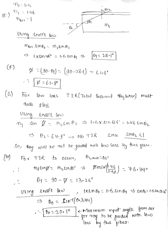 Mp=1.5 M₂ = 1.46 Mar1 Uling snelle law Main Singom, sino - 1 xsin 45º = 1.5 SIN G4 3 91= 2810] Ø =(90-01) - (20-28.1) = 61.80