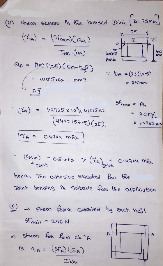 (in) shear stress in the bonded Joink (b=25mm] (LA) 95 (Sfman) (QA) A A INA (BA) lower Part mm QA = A5) (11.5) (50-125) BA